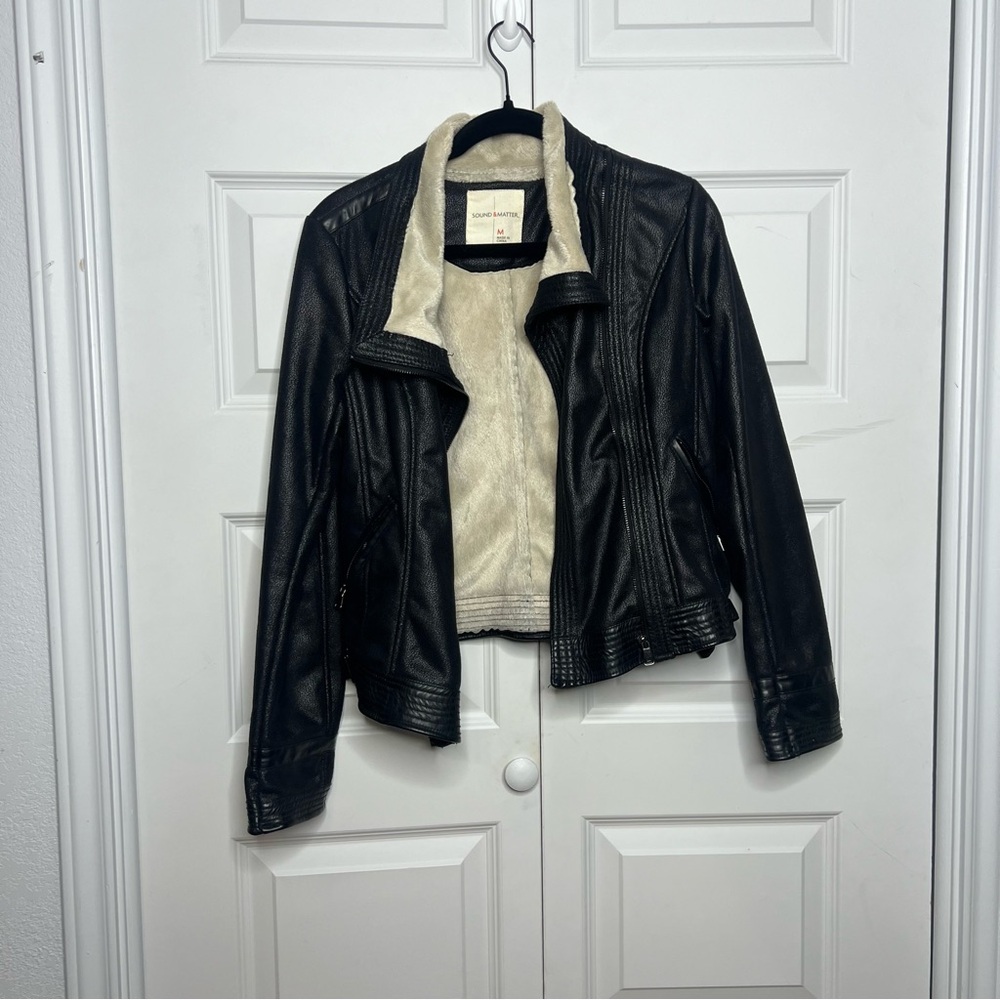 Sounds & Matter Faux Leather Moto Jacket Sherpa Lined Black Size Medium